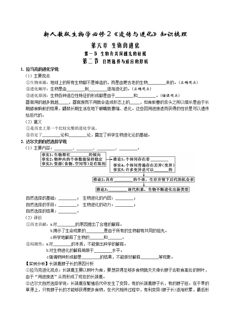第六章 生物的进化-【必背知识】2021-2022学年高一生物章节知识清单（（人教版2019必修2）（填空版）第1页