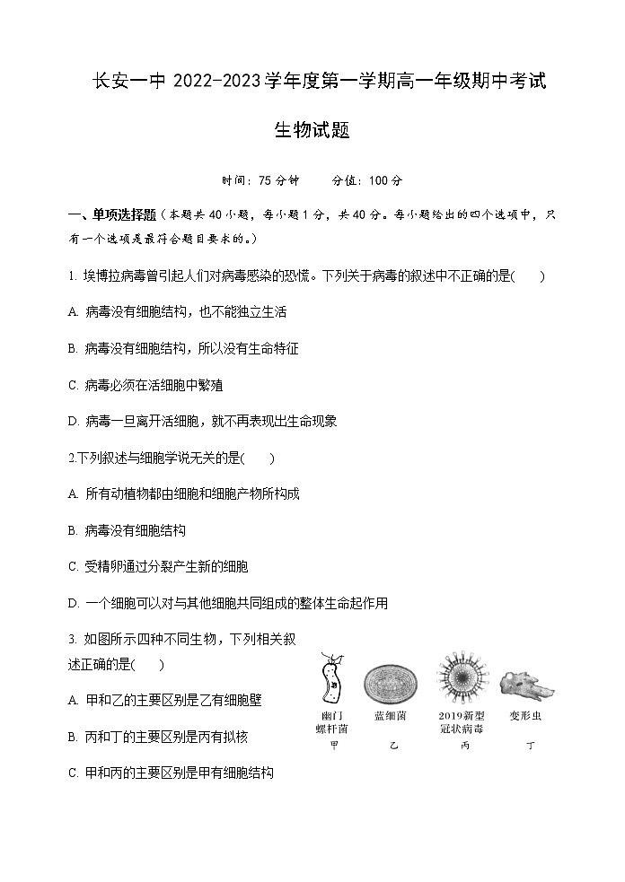 2022-2023学年陕西省西安市长安区第一中学高一上学期期中考试生物试题含答案第1页