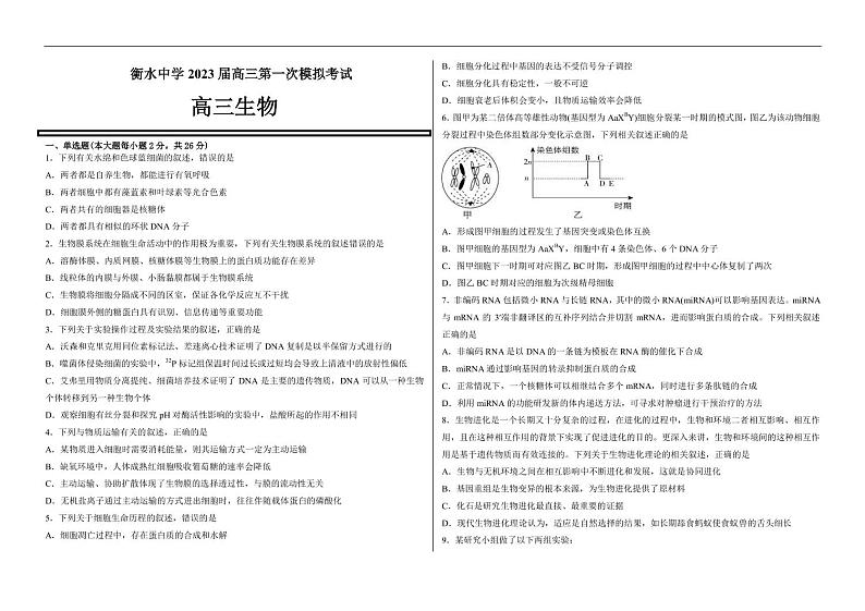 2023届河北省衡水中学高三下学期第一次模拟考试生物学试题（PDF版）01