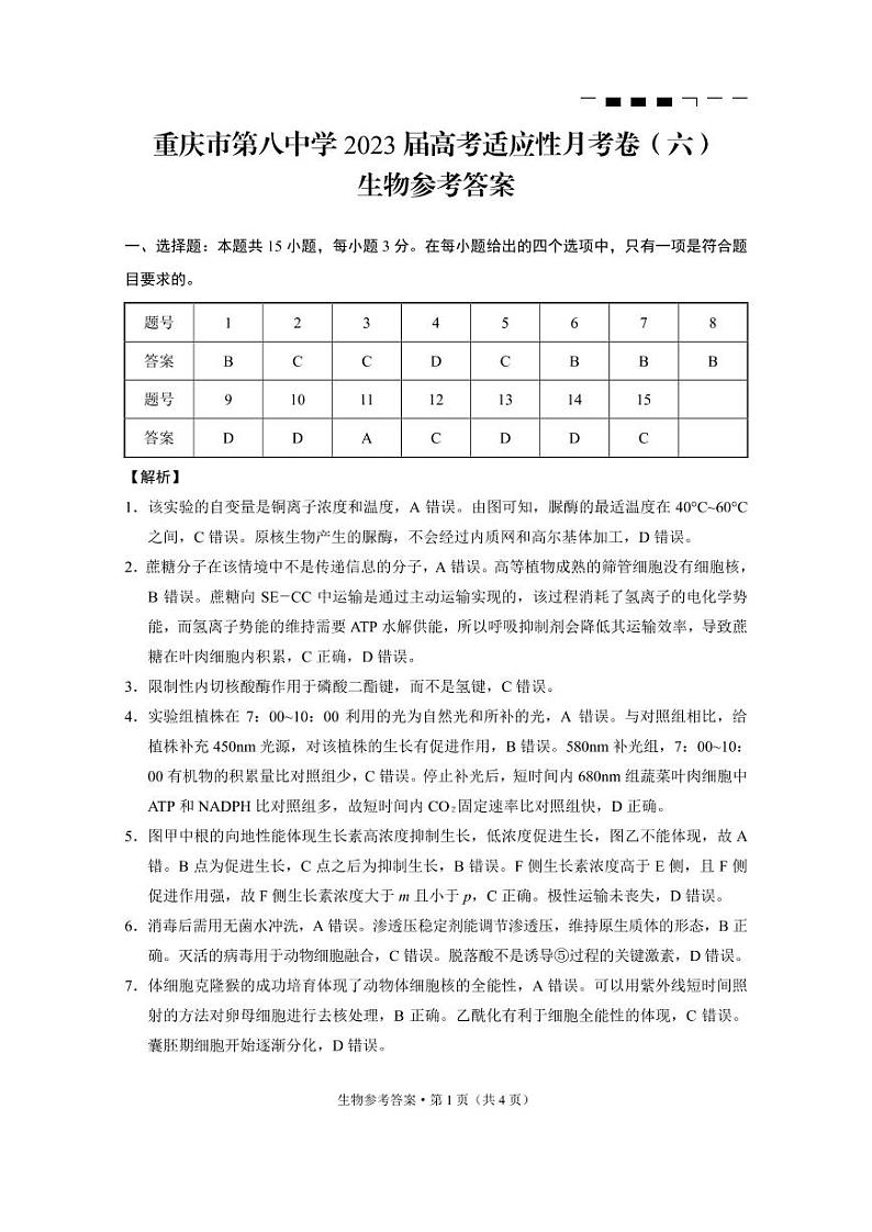 重庆市第八中学校2022-2023学年高三下学期高考适应性月考卷（六）生物试题01