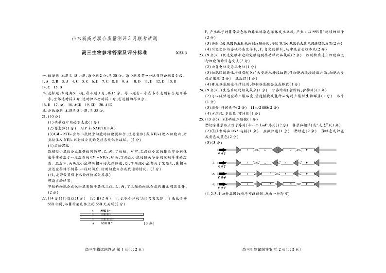 山东省新高考2023届新高考联合质量测评高三3月联考生物答案第1页