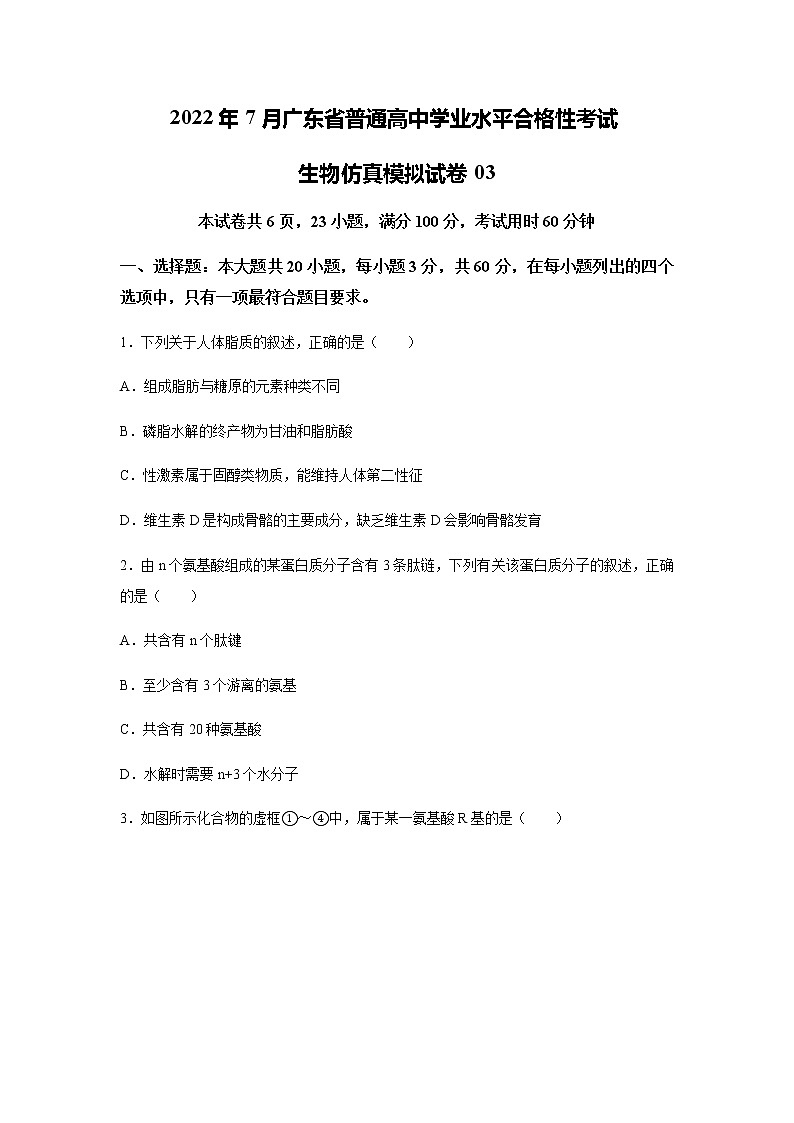 2022年7月广东省普通高中学业水平考试生物仿真模拟试卷03（无答案）第1页