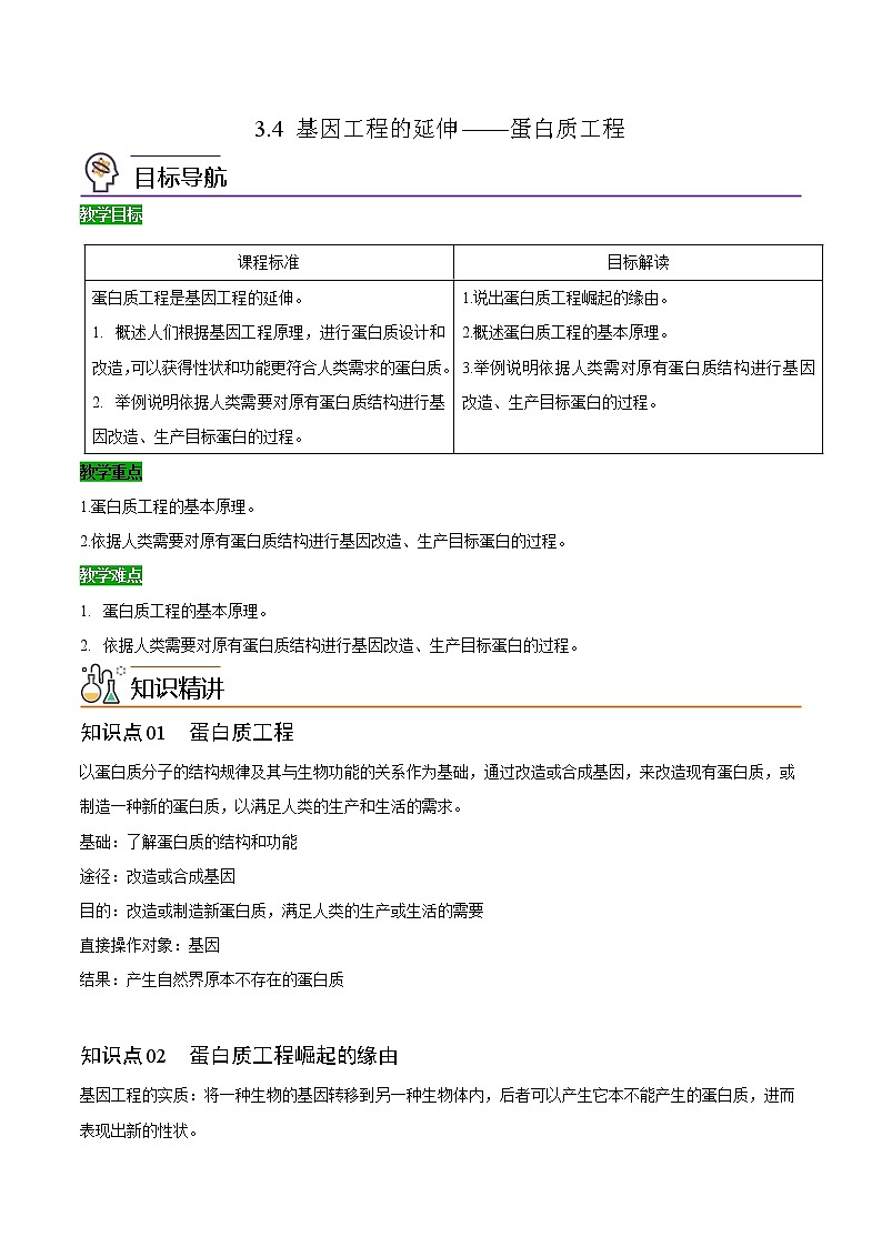 3.4 基因工程的延伸——蛋白质工程（学生版）-高二生物同步精品讲义（人教版2019选择性必修3）第1页