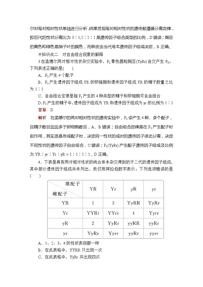 高中生物第二册 第1章 第1节 孟德尔的豌豆杂交实验二） 第1课时  课时精练第2页