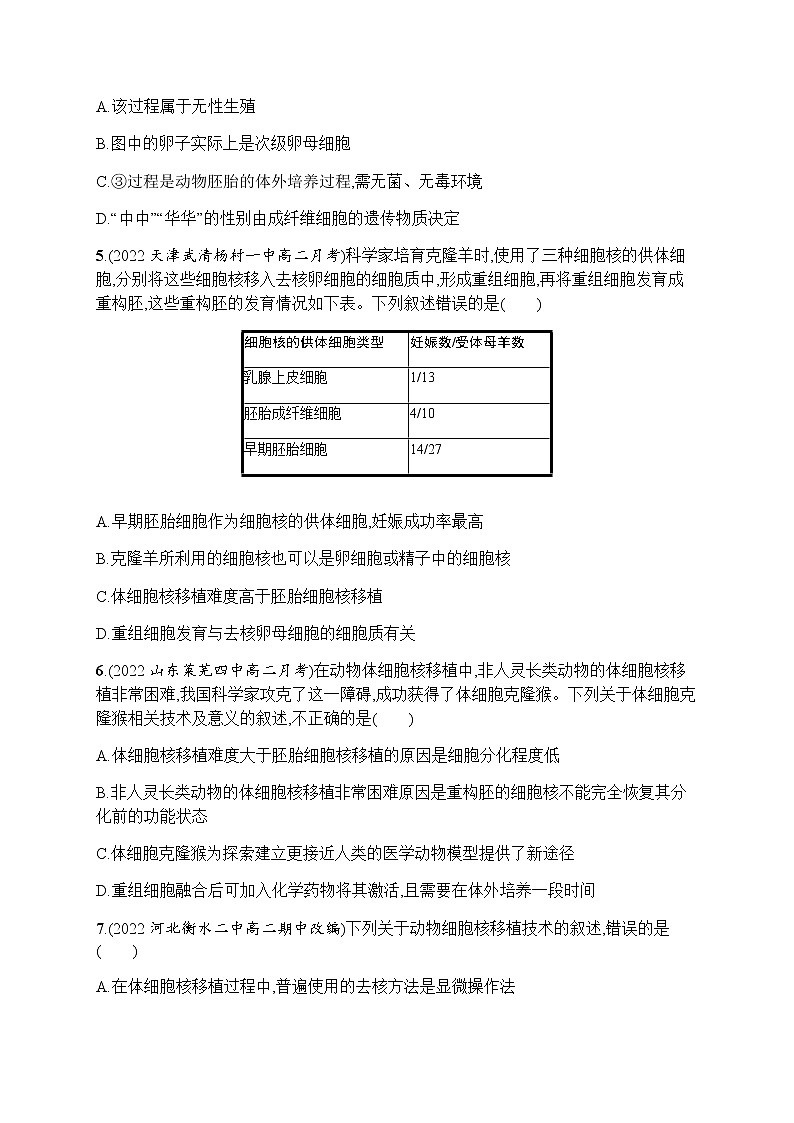 人教版高中生物选择性必修3第2章细胞工程第2节第3课时动物体细胞核移植技术和克隆动物]习题含答案02