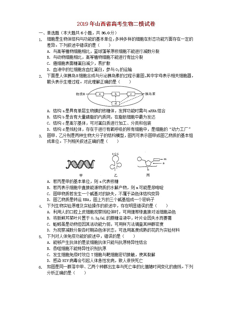 高中生物高考山西省2019年高考生物二模试卷（含解析）第1页