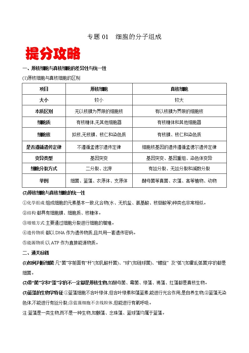 高中生物高考专题01 细胞的分子组成-备战2021年高考生物专题提分攻略（解析版）第1页