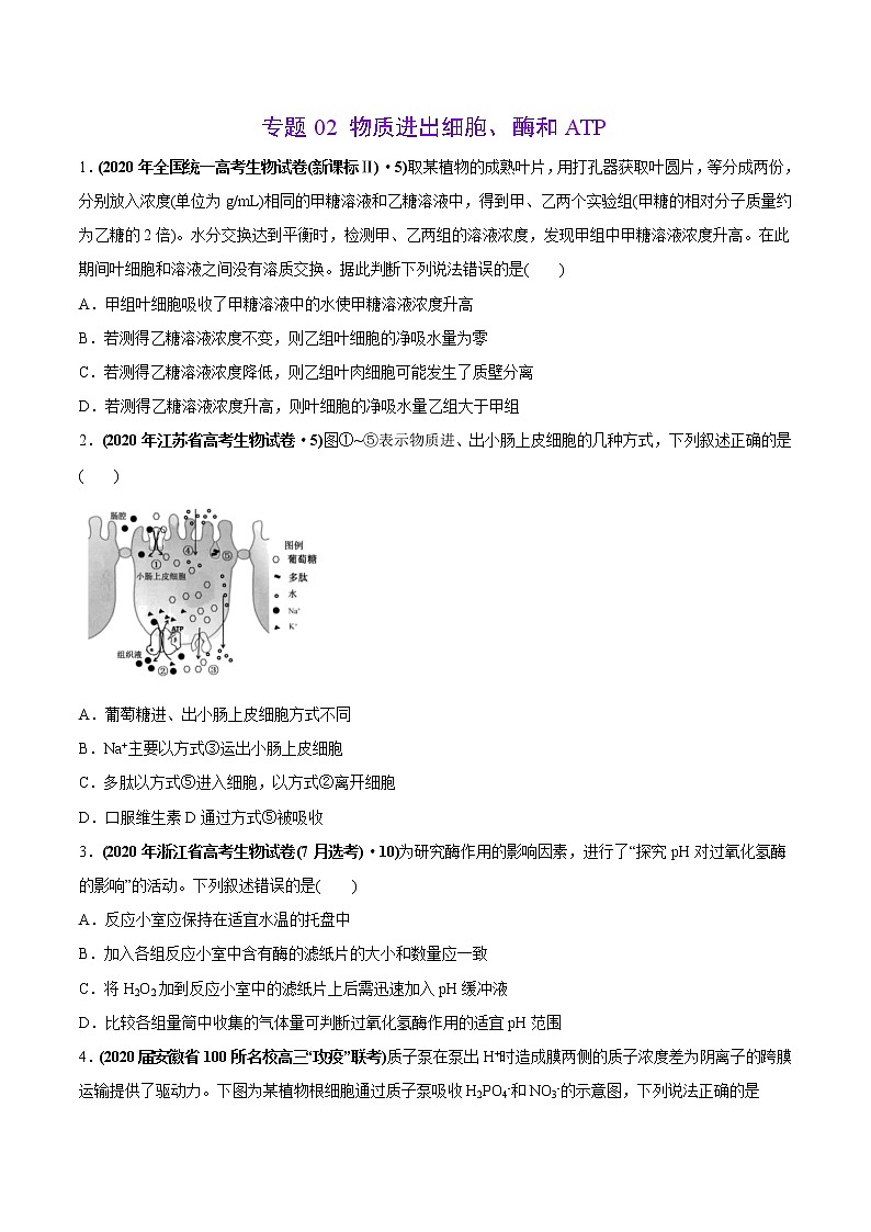 高中生物高考专题02 物质进出细胞、酶和ATP-2020年高考真题和模拟题生物分项汇编（学生版）01