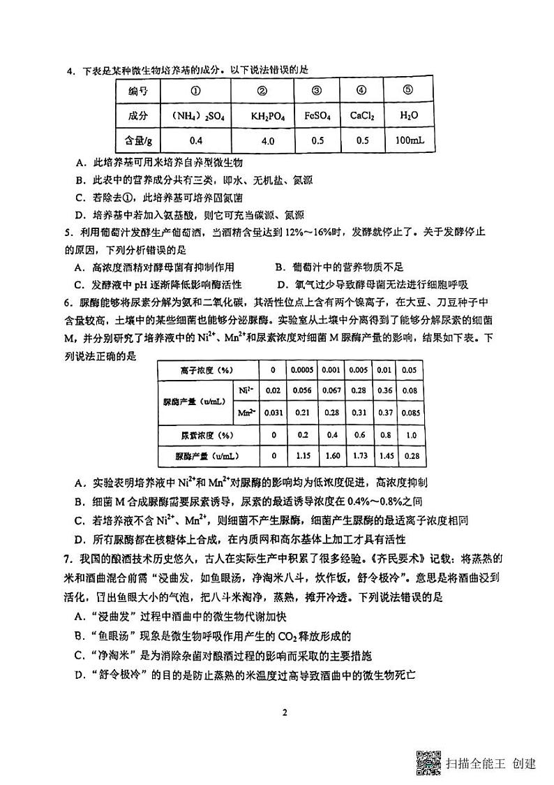 2023厦门一中高二下学期3月月考生物试题PDF版含答案02