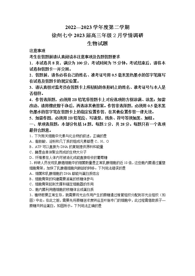 江苏省徐州市七中2022-2023学年高三2月调研生物试题第1页