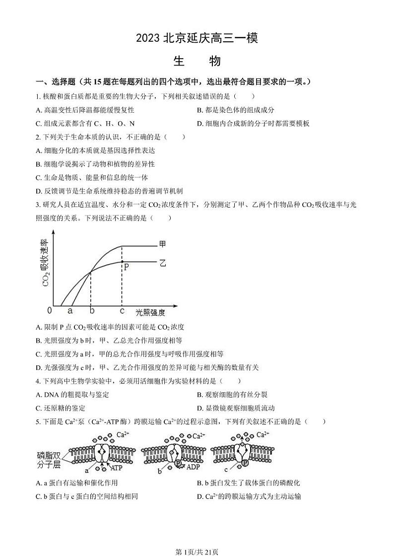 2023年北京延庆区高三一模生物试题及答案01