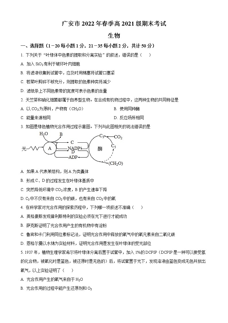 2022广安高一下学期期末考试生物试题含解析01
