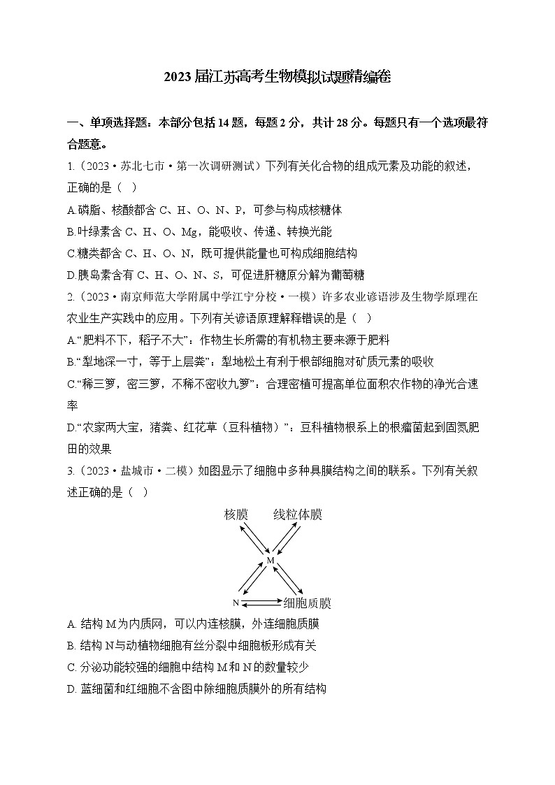 2023届江苏省高三高考生物模拟试题精编卷（含答案）第1页
