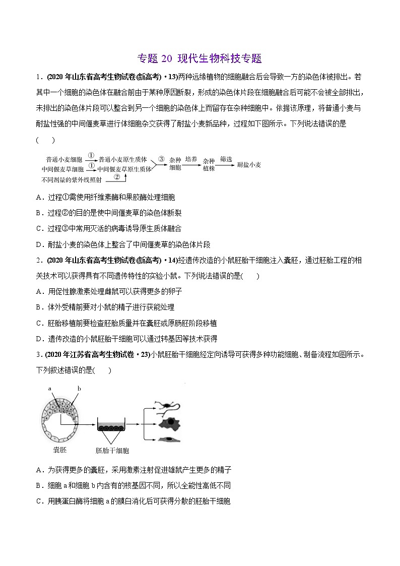 高中生物高考专题20 现代生物科技专题-2020年高考真题和模拟题生物分项汇编（学生版）第1页