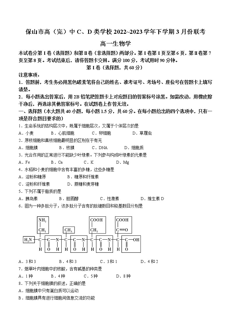 2023保山高（完）中C、D类学校高一下学期3月联考生物试题含答案第1页