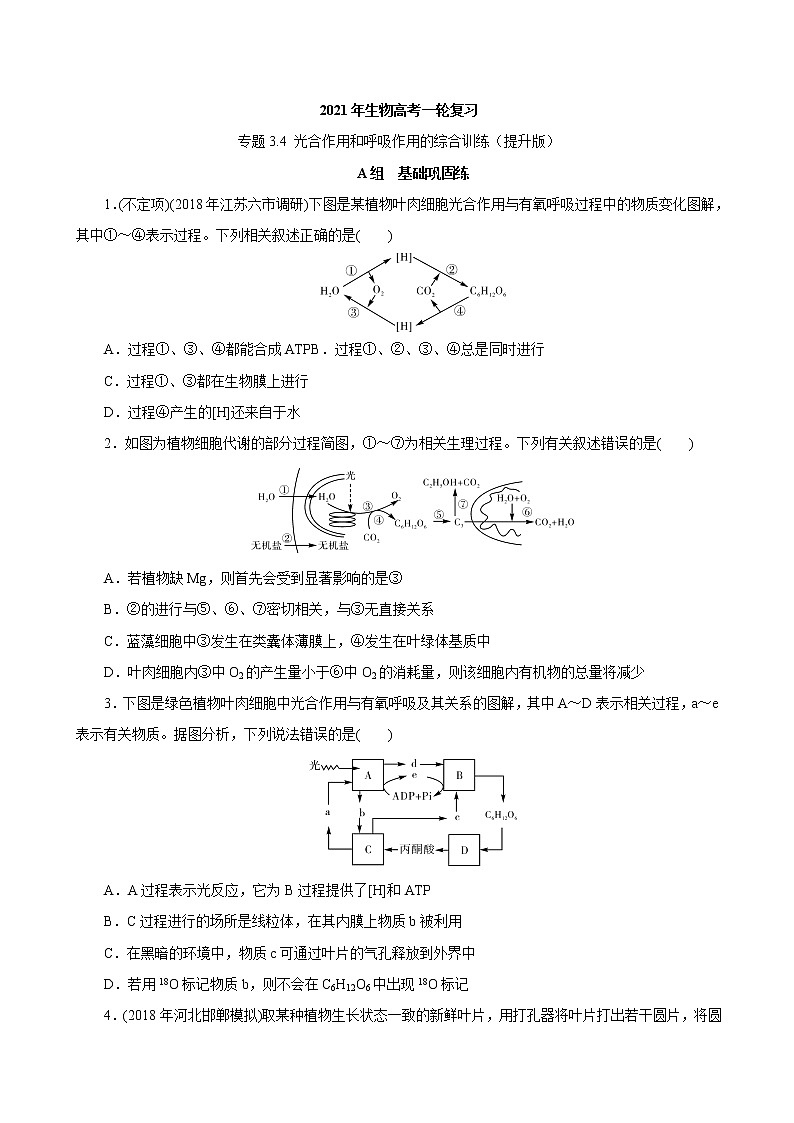 高中生物高考专题3 4 光合作用和呼吸作用的综合训练（必刷试题）-2021年高考生物大一轮复习紧跟教材（原卷版）第1页