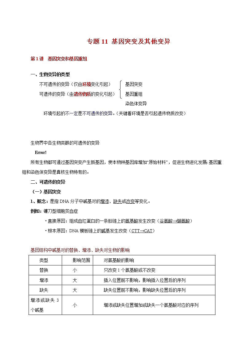 高中生物高考专题11 基因突变及其他变异-2021年高考生物一轮复习知识点梳理与归纳第1页