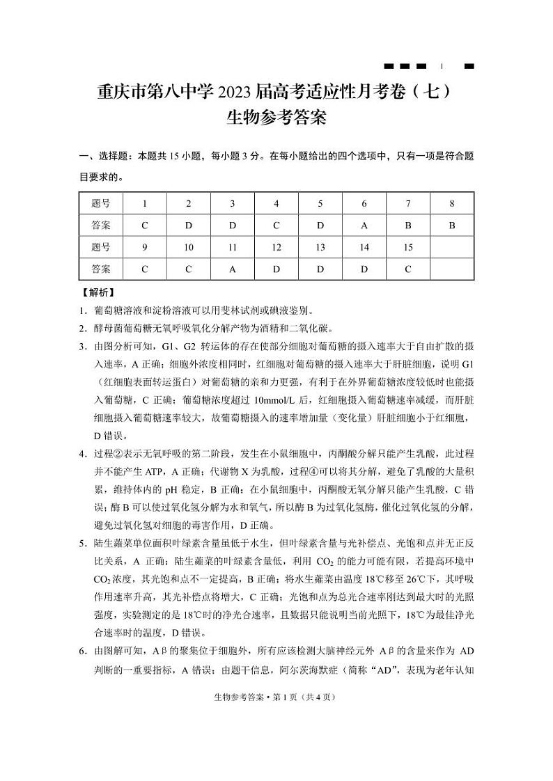 重庆市第八中学2023届高考适应性月考卷（七）生物答案和解析第1页