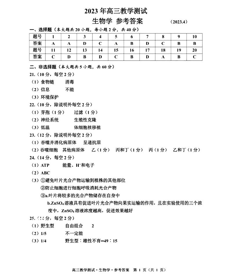 2023嘉兴高三下学期4月教学测试（二模）生物试题扫描版含答案01