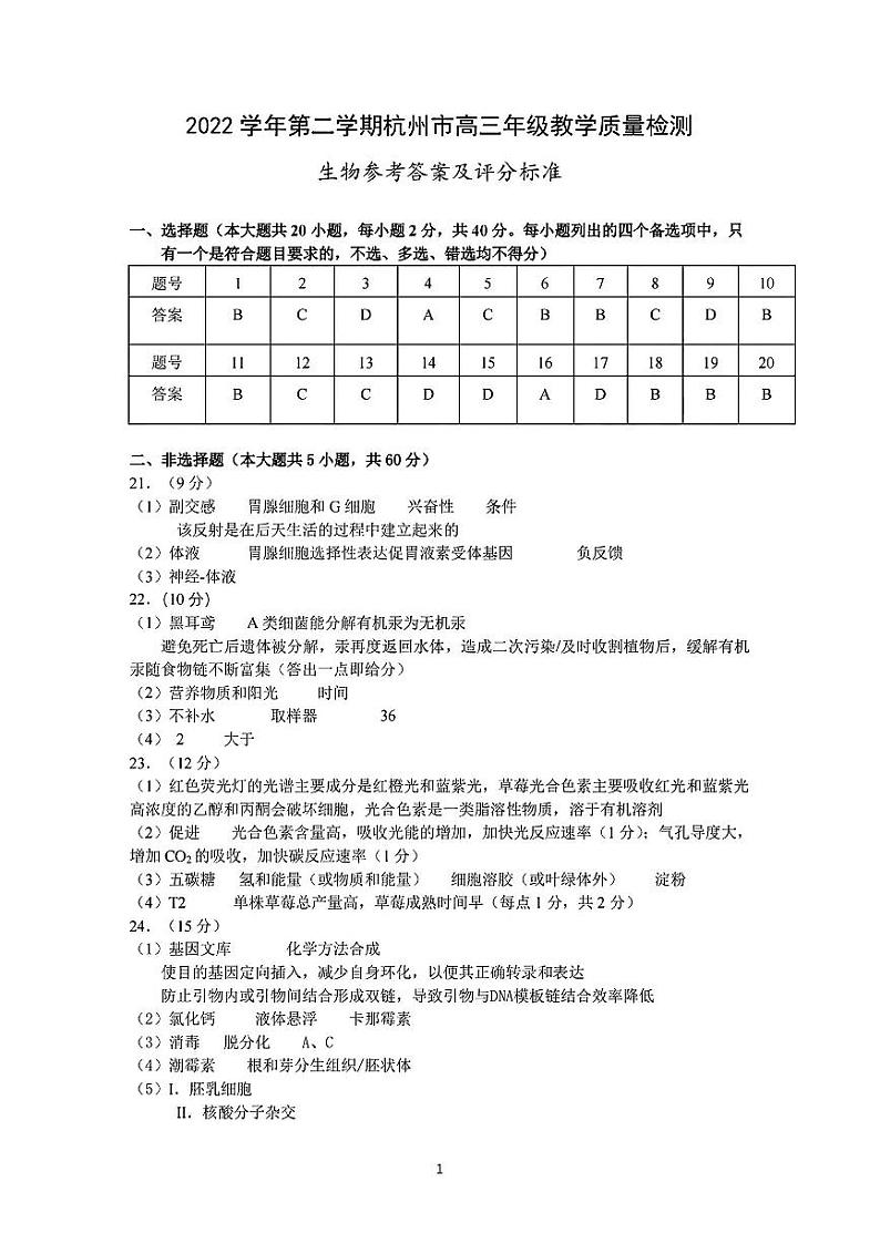 2023浙江杭州高三二模生物答案第1页