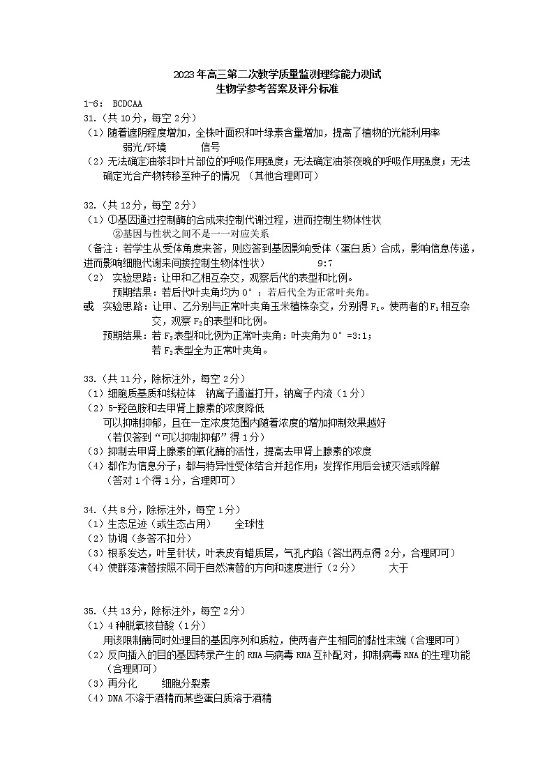 马鞍山市2023高三二模生物学答案 试卷01