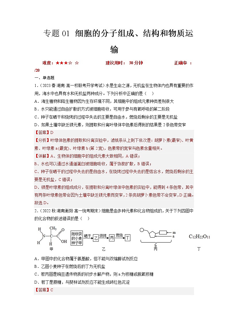 专题卷01 细胞的分子组成、结构和物质运输-【小题小卷】冲刺高考生物小题限时集训（新高考专用）01