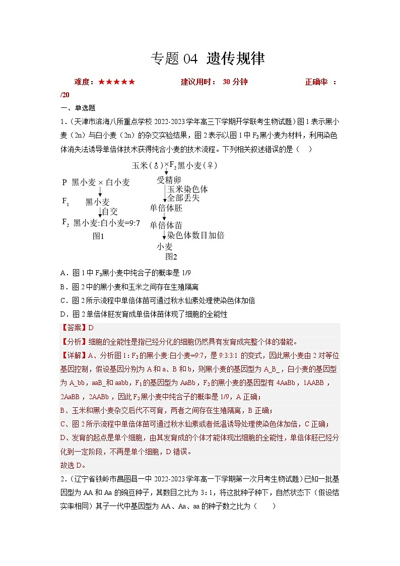 专题卷04 遗传规律-【小题小卷】冲刺高考生物小题限时集训（新高考专用）01