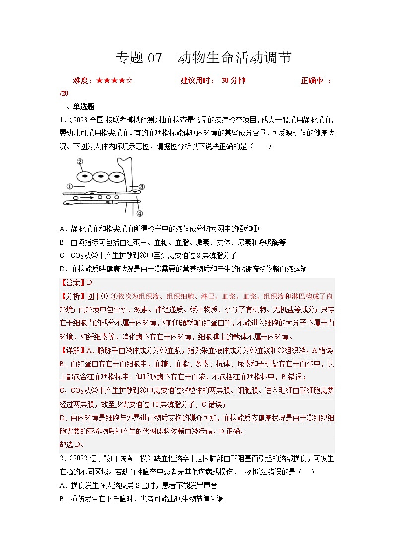 专题卷07 动物生命活动调节-【小题小卷】冲刺高考生物小题限时集训（新高考专用）01