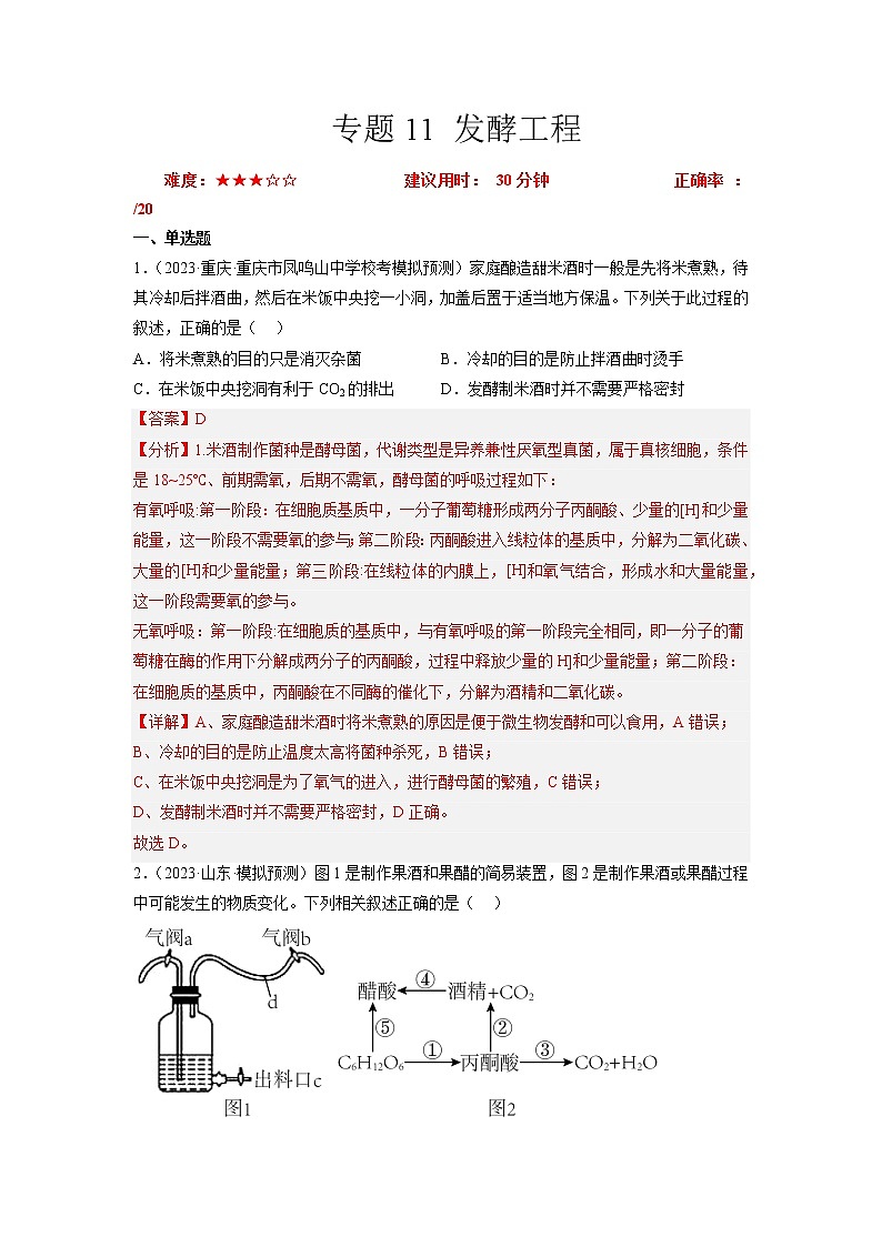 专题卷11 发酵工程 -【小题小卷】冲刺高考生物小题限时集训（新高考专用）01