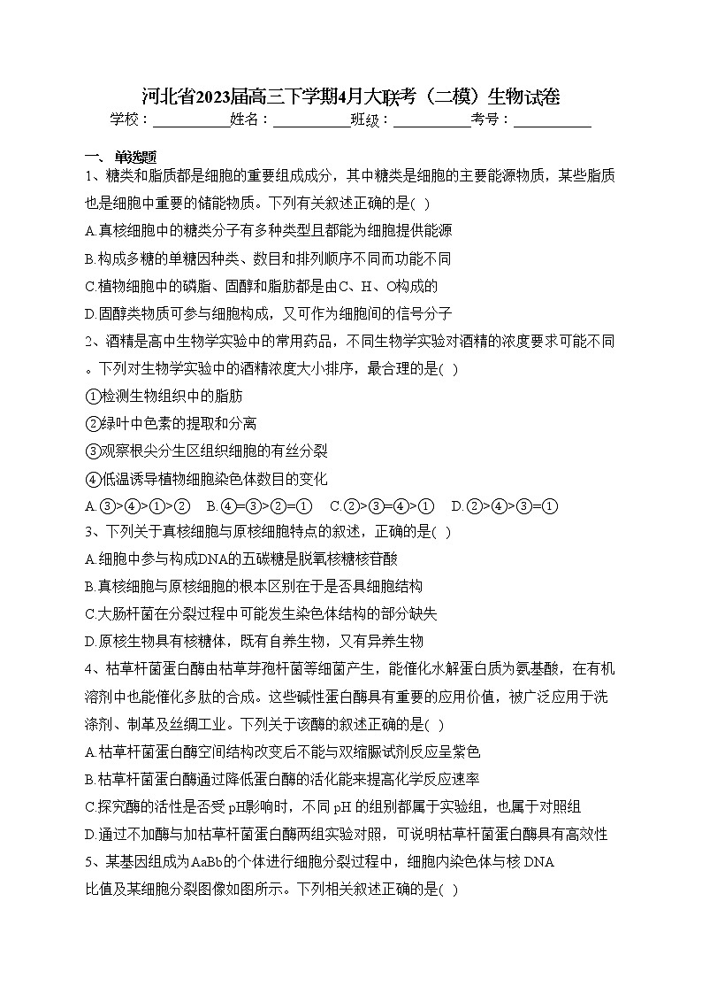 河北省2023届高三下学期4月大联考（二模）生物试卷（含答案）01