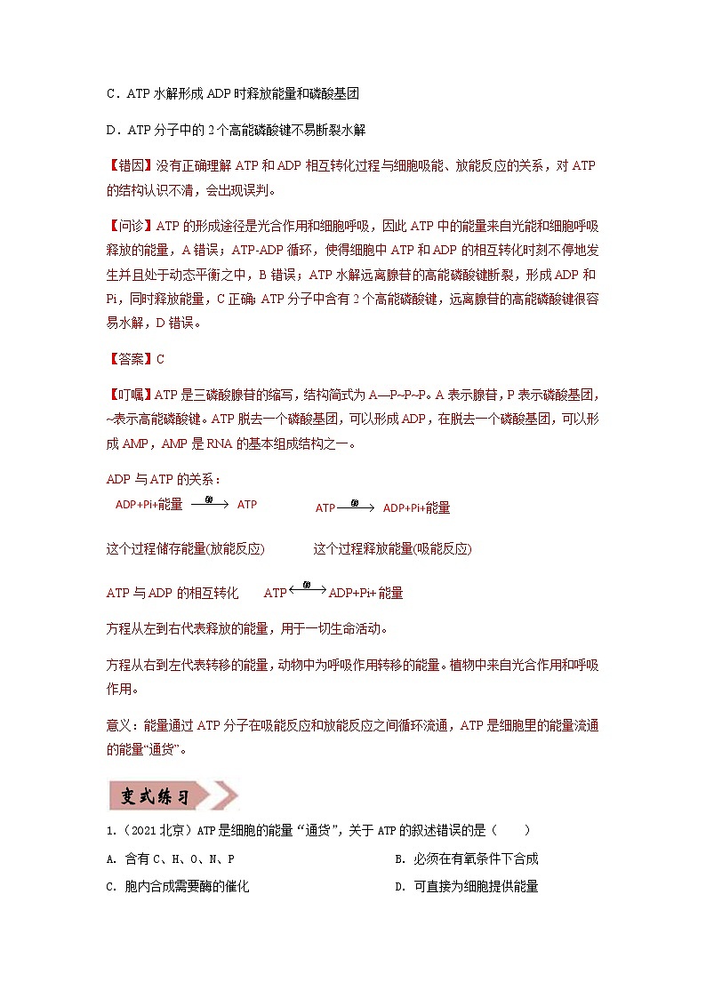 高考生物考试易错题  易错点03  细胞的代谢1（酶、ATP、渗透实验）02