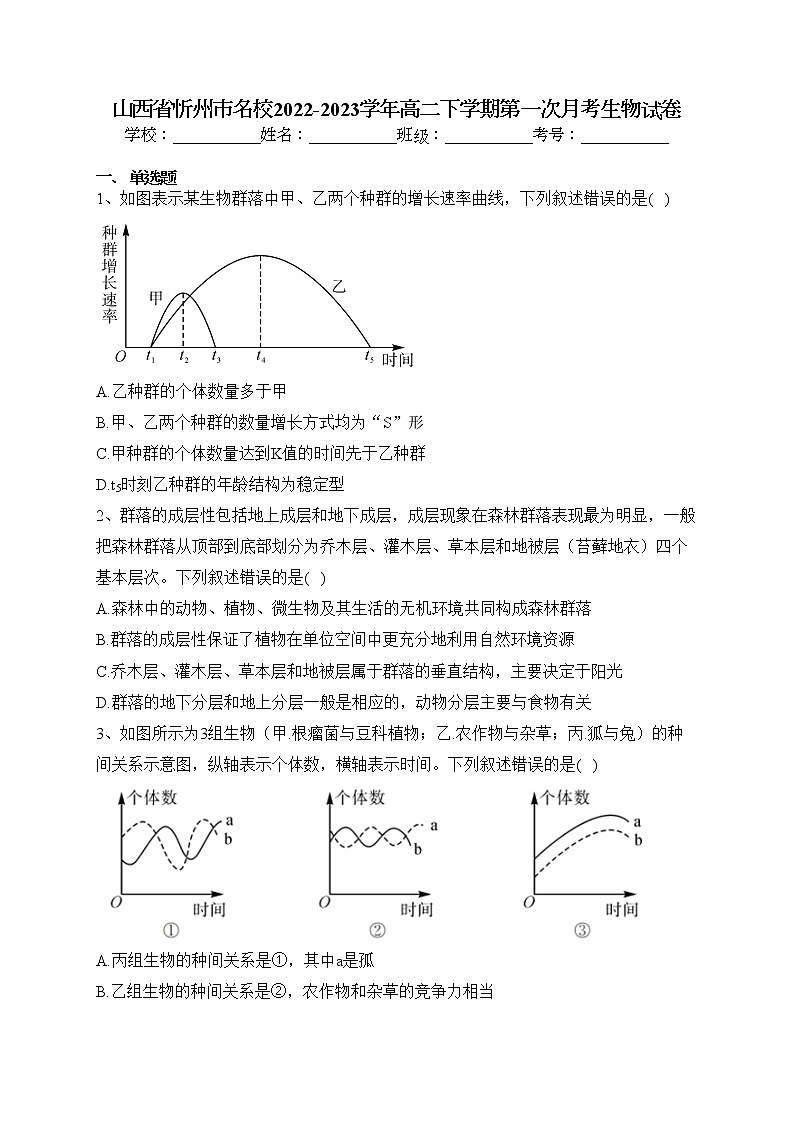 山西省忻州市名校2022-2023学年高二下学期第一次月考生物试卷（含答案）01