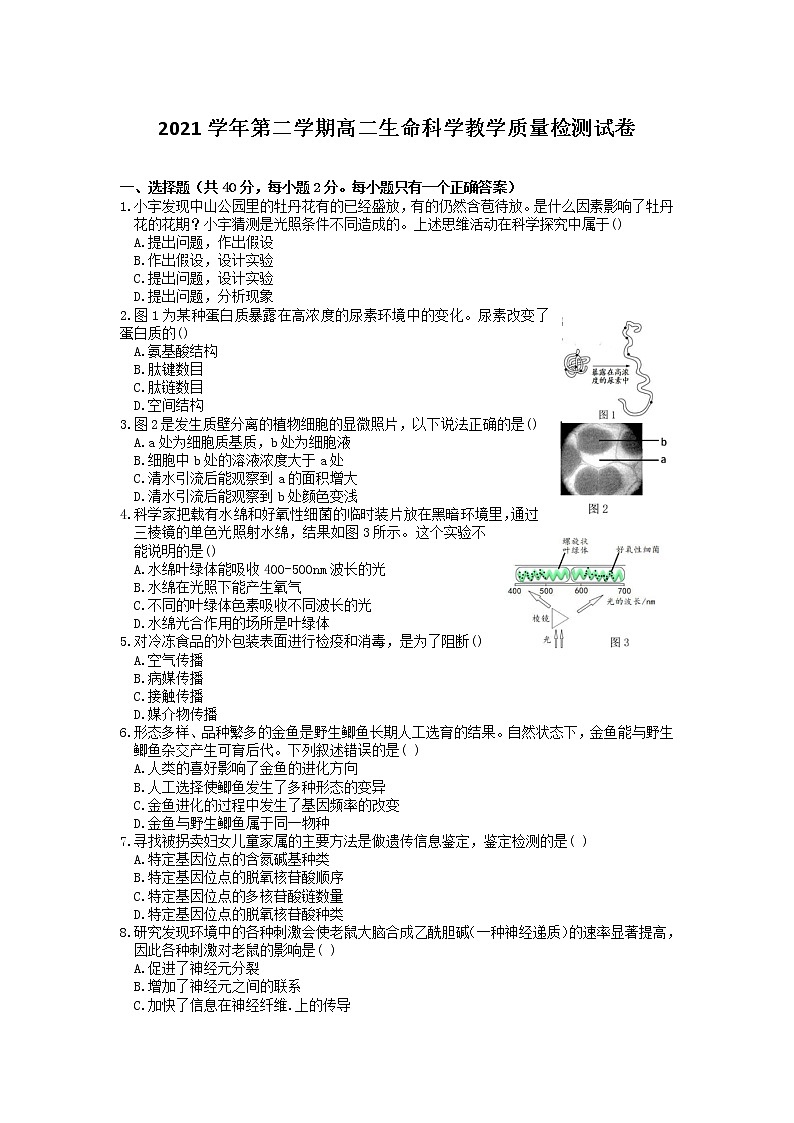 2022上海长宁区高三二模生物试题含答案01