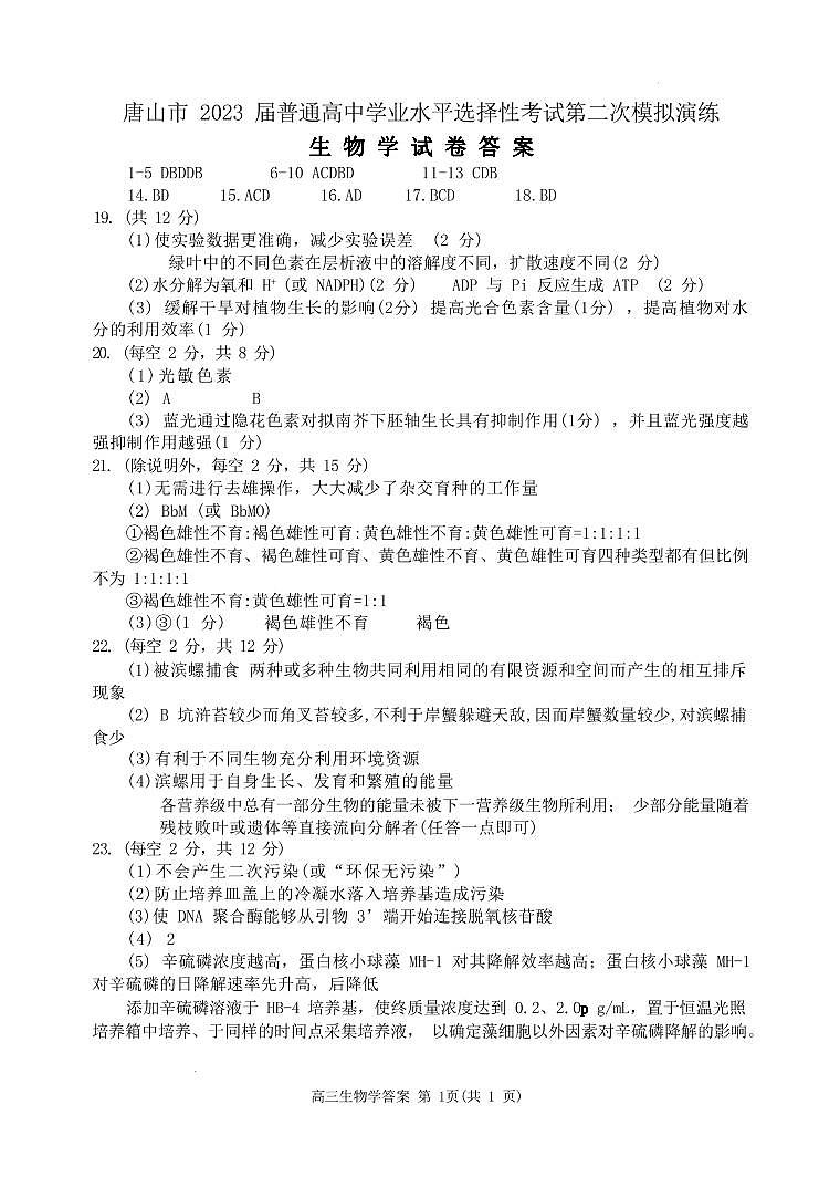 2023唐山高三下学期4月二模试题生物PDF版含答案01