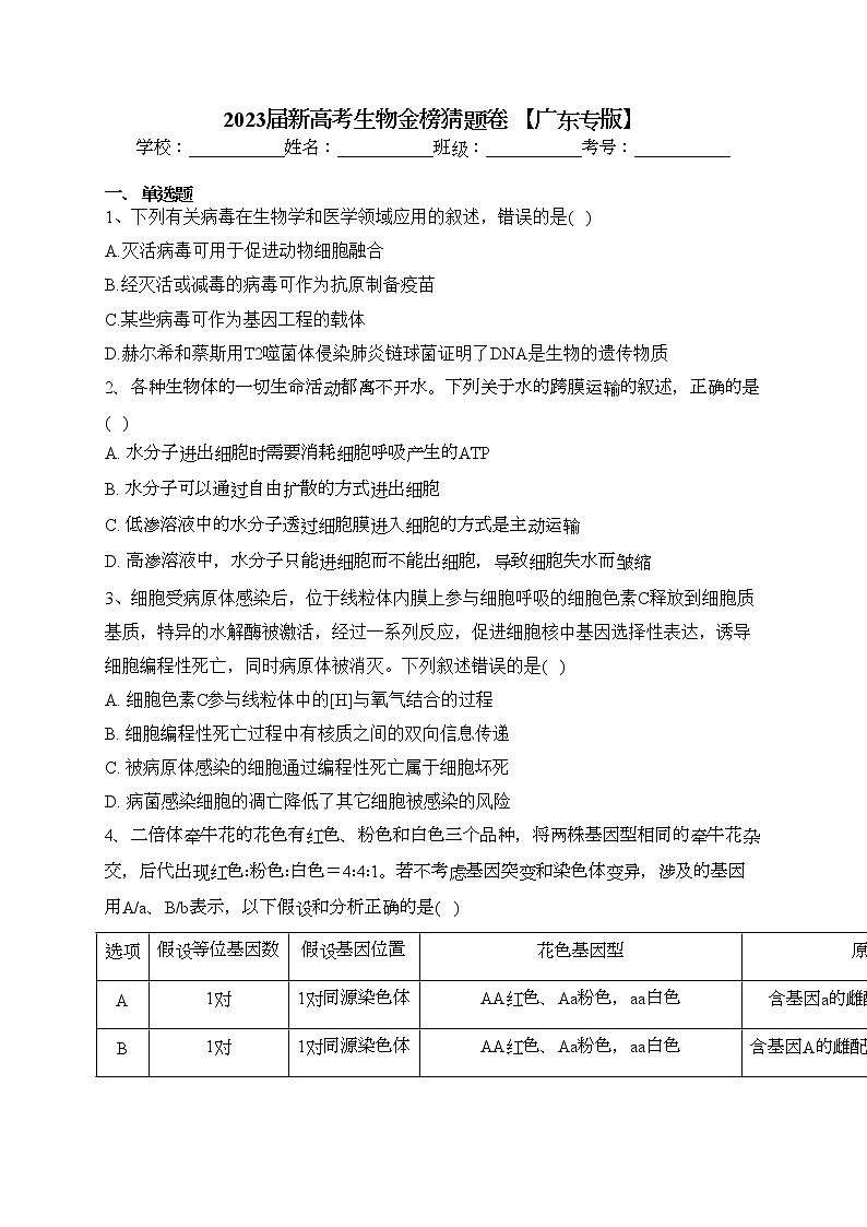 2023届新高考生物金榜猜题卷 【广东专版】（含答案）第1页