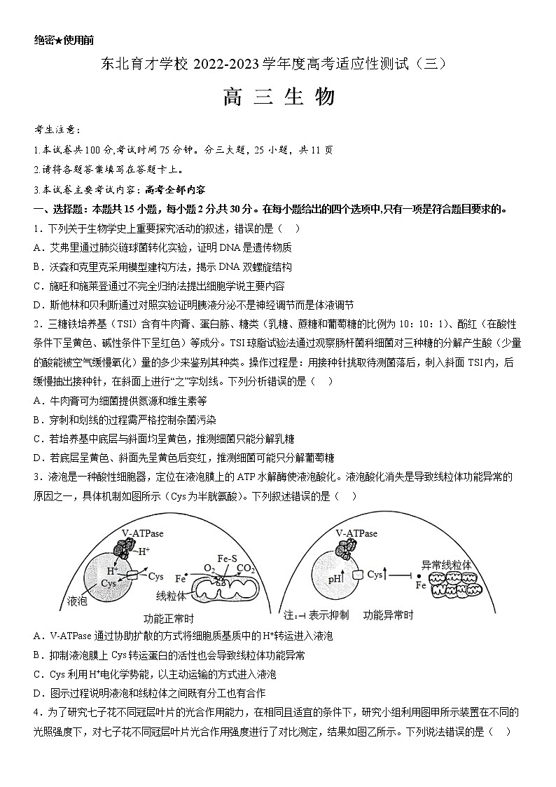 2023沈阳东北育才学校高三下学期适应性测试（三）（三模）生物含答案01