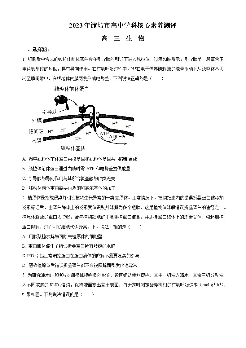 山东省潍坊市2022-2023学年高三3月学科核心素养测评生物试题无答案第1页