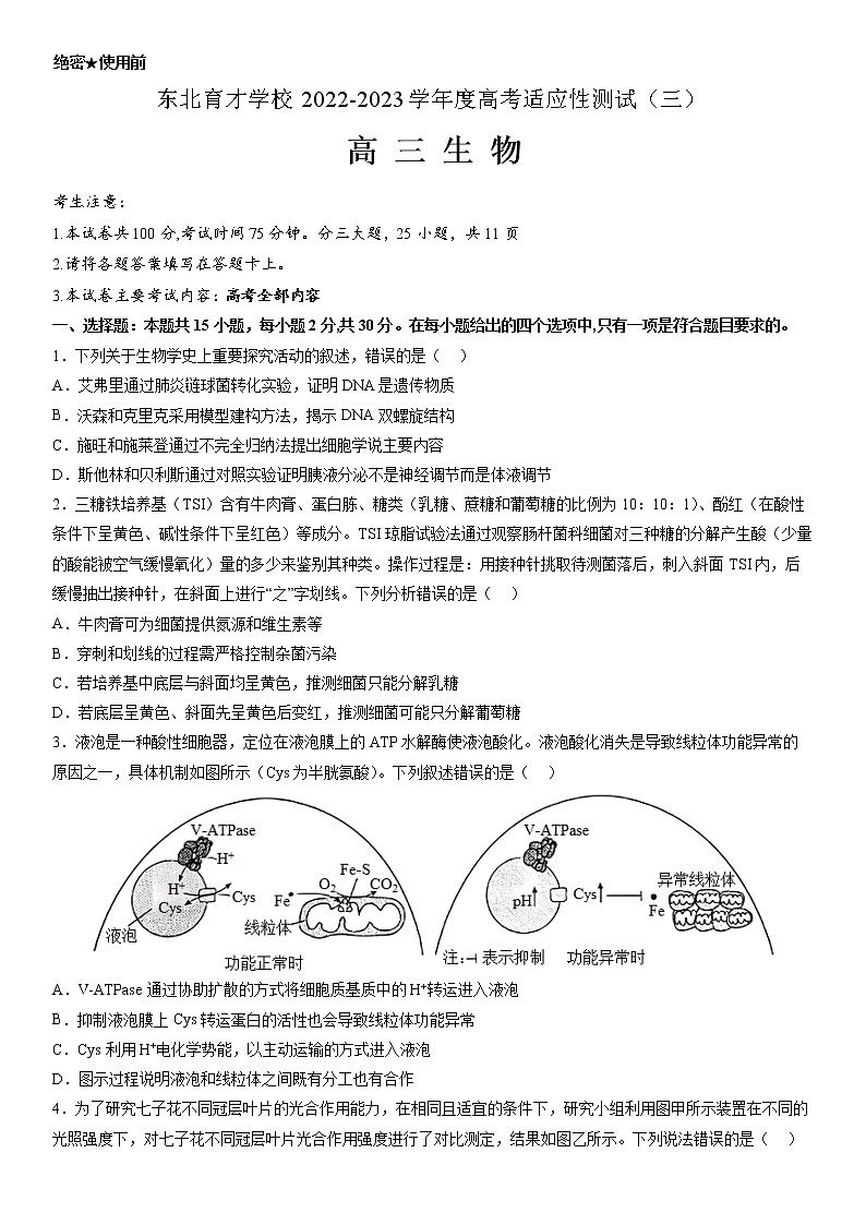 辽宁省沈阳市东北育才学校2022-2023学年高三生物下学期适应性测试（三）（三模）（Word版附答案）01
