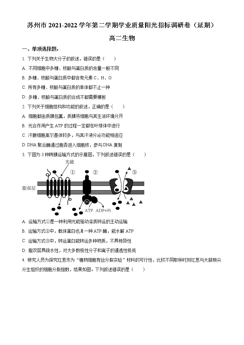 2022苏州高二下学期期末考试（阳光指标调研）（延期）生物试题含解析01