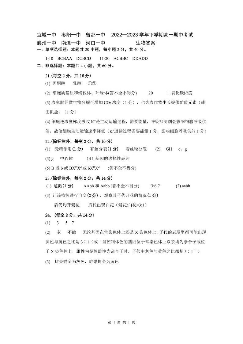 2023宜城一中、枣阳一中等六校高一下学期期中联考生物试题含答案01