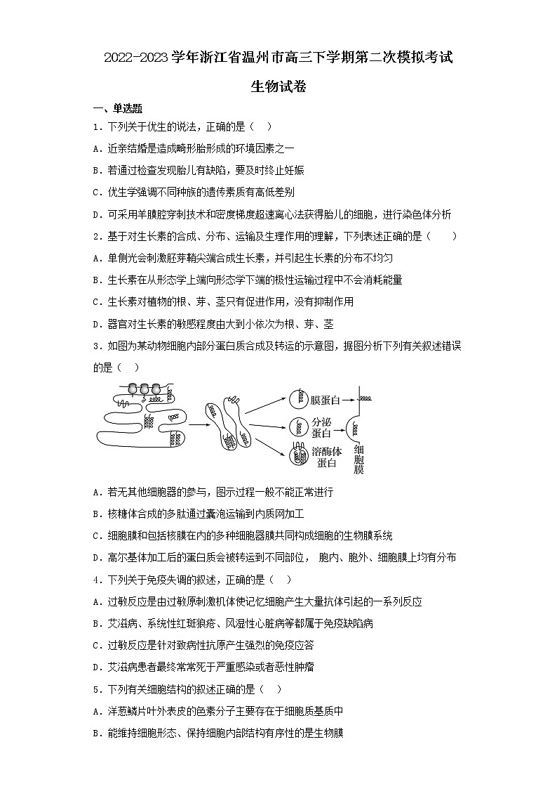 2022-2023学年浙江省温州市高三下学期第二次模拟考试生物试卷（含解析）01