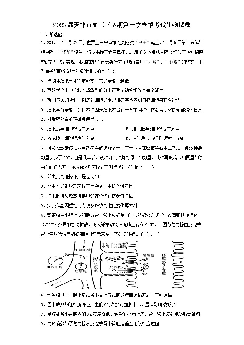 2023届天津市高三下学期第一次模拟考试生物试卷（含解析）01