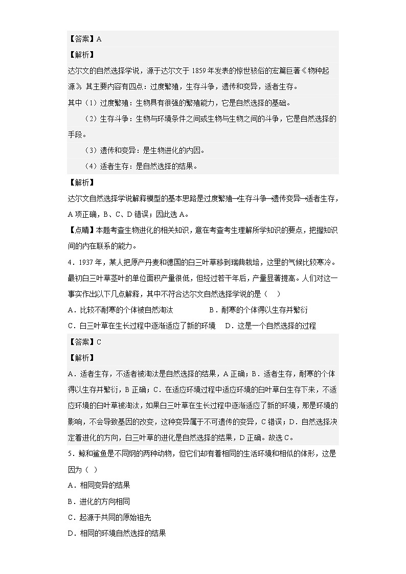 人教版高中生物必修2自然选择与适应的形成作业含答案02