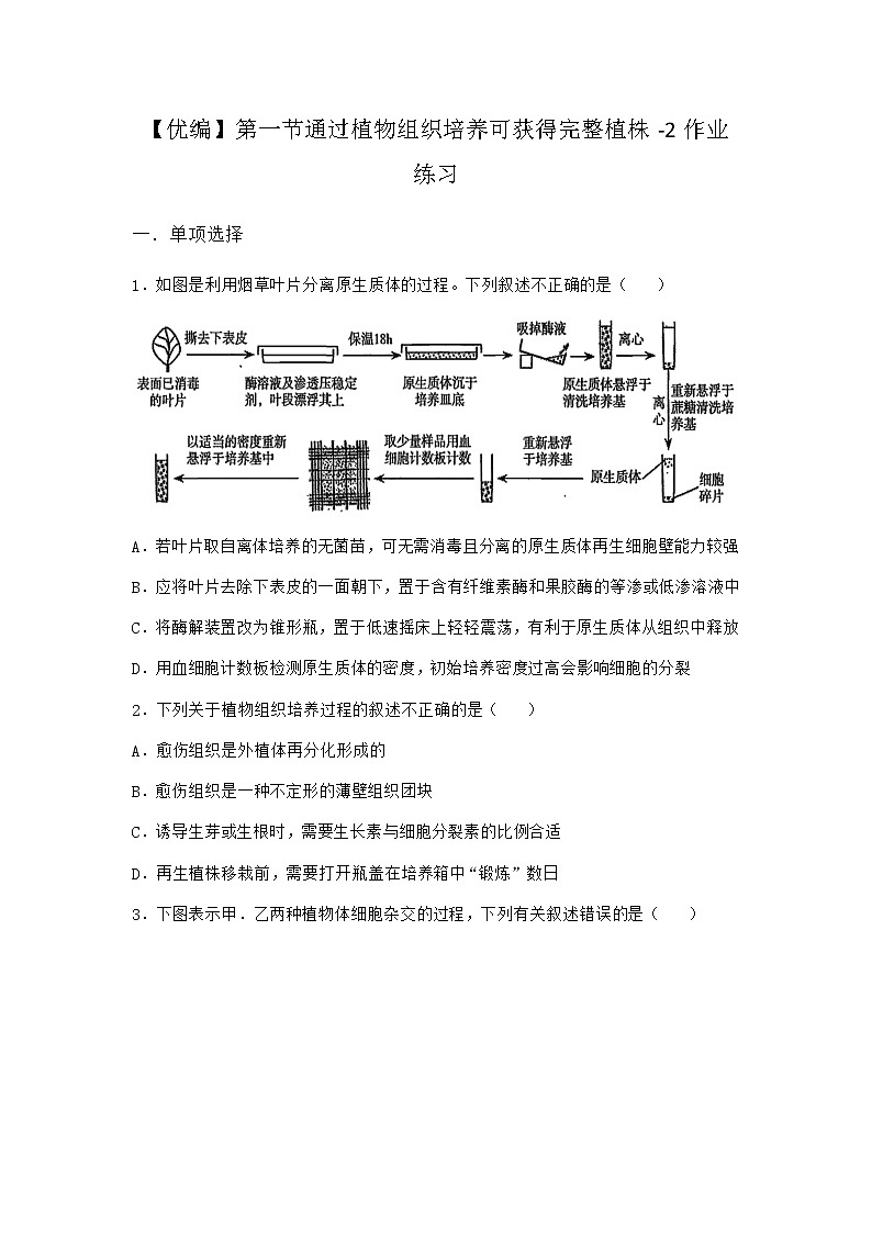 浙科版高中生物选择性必修3第一节通过植物组织培养可获得完整植株作业4含答案第1页