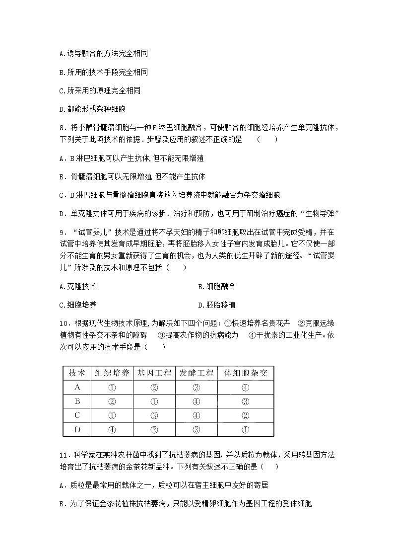 浙科版高中生物选择性必修3第二节通过细胞核移植克隆动物作业2含答案第3页