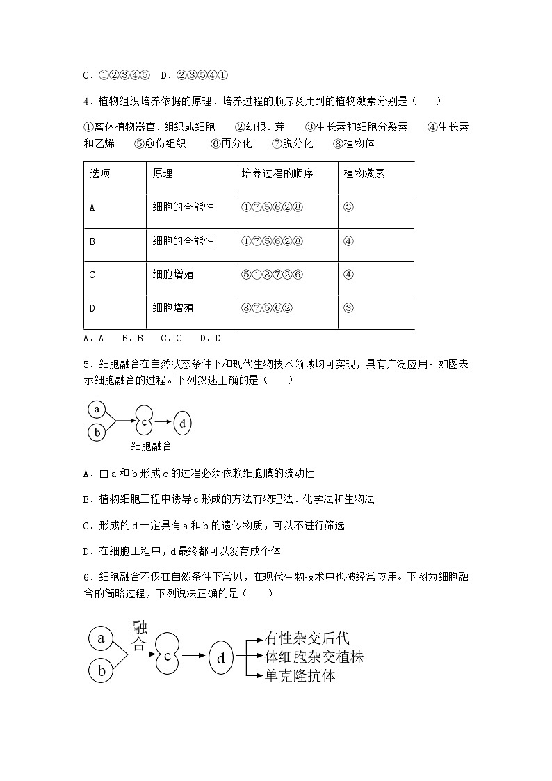 浙科版高中生物选择性必修3第一节通过植物组织培养可获得完整植株优选作业1含答案02