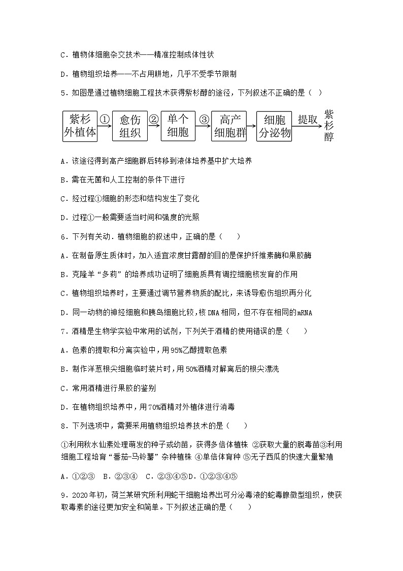 浙科版高中生物选择性必修3第一节通过植物组织培养可获得完整植株优选作业2含答案第2页