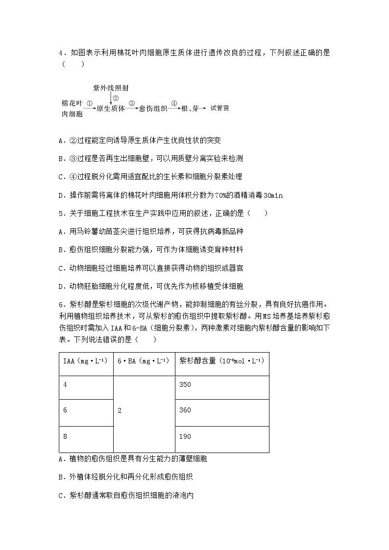 浙科版高中生物选择性必修3第一节通过植物组织培养可获得完整植株优选作业3含答案第2页