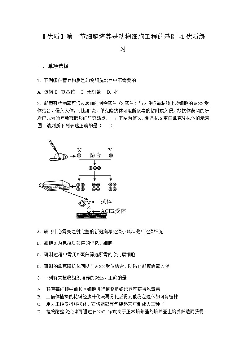 浙科版高中生物选择性必修3第一节细胞培养是动物细胞工程的基础优质作业2含答案第1页