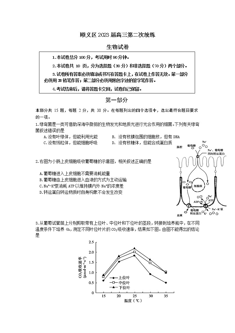 北京市顺义区2023届高三下学期第二次生物试卷第1页